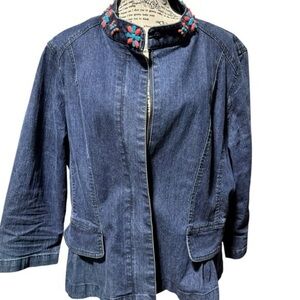 Ruby Rd. Peplum Back Stretch Denim Jacket 
Bead Embellished 3/4 Sleeve sz 18 EUC
